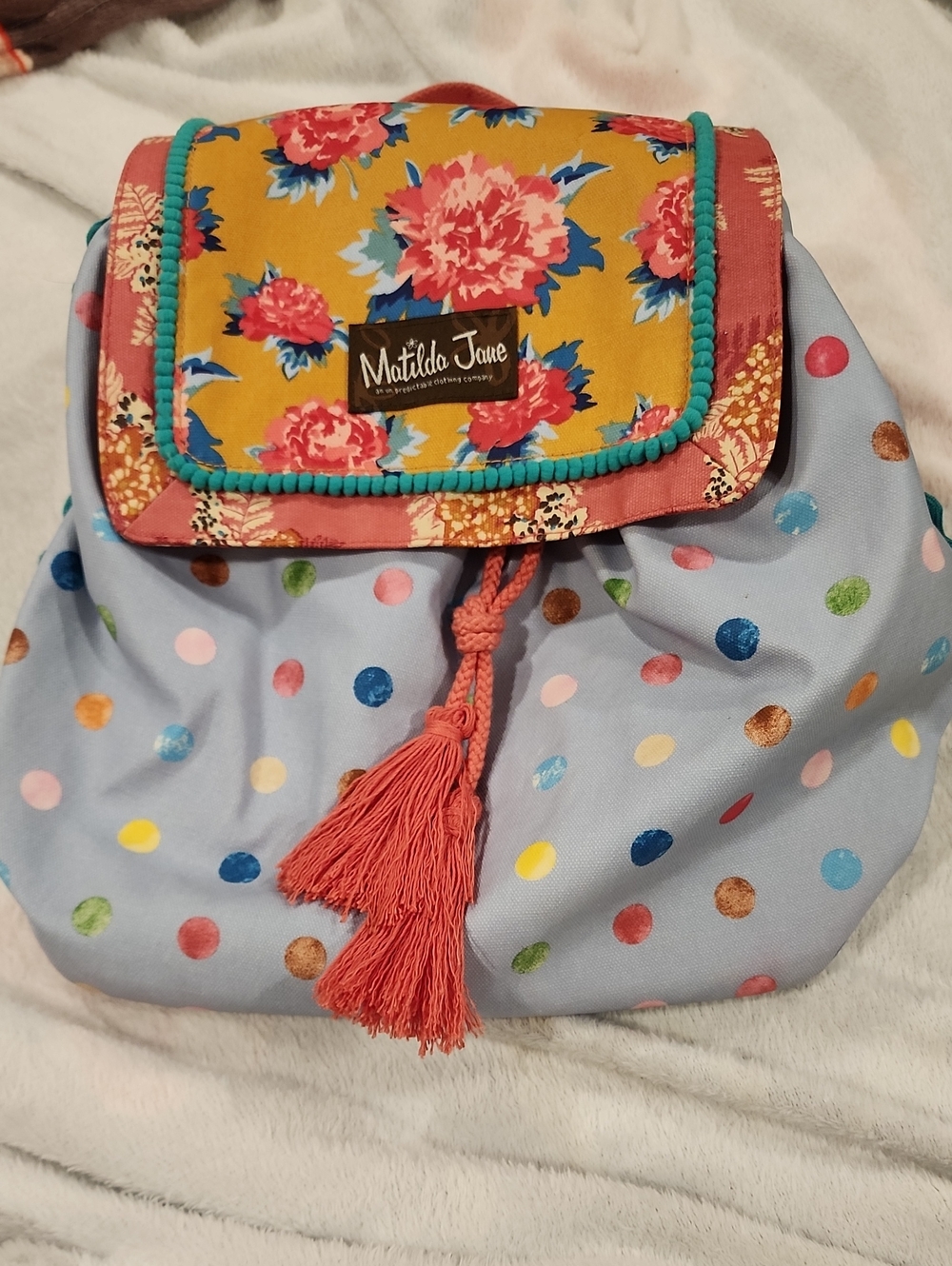 Matilda Jane Light Blue Polka Dot Drawstring Backpack with Floral Flap
